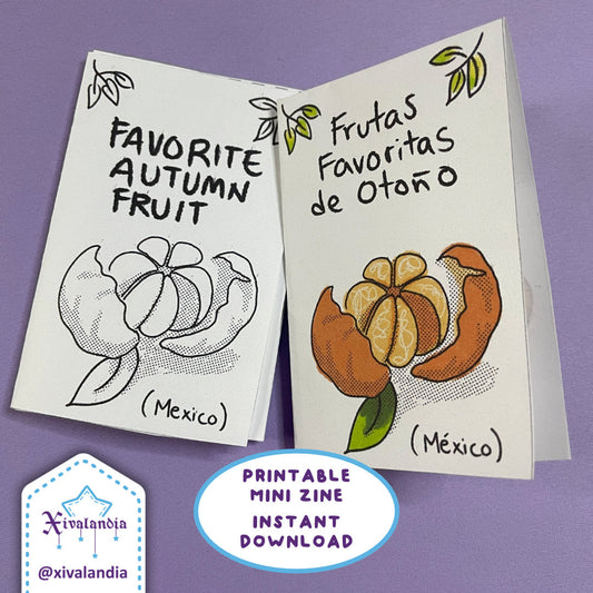 Frutas Favoritas de Otoño, Mini Zine Imprimible PDF, tamaño Carta US, en Inglés y Español