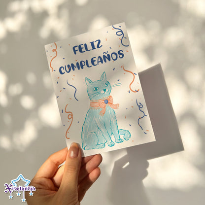 Blue Cat Cumpleaños - Greeting Card - 10x15cm / 4x6 in.