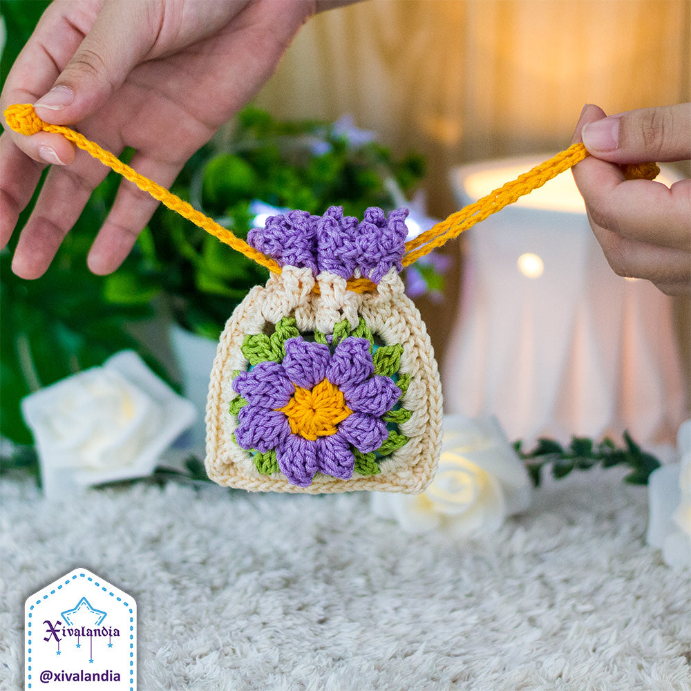 Crochet drawstring pouch, granny flower design - earphones mini bag, case 3"x3.5"in/8x9cm