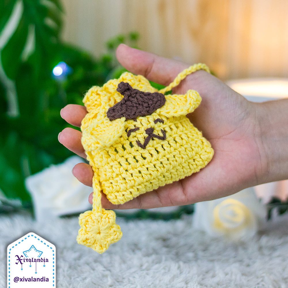 Crochet drawstring pouch, pompom yellow dog - earphones mini bag, case 3"x3.5"in/8x9cm