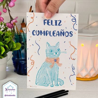 Blue Cat Cumpleaños - Greeting Card - 10x15cm / 4x6 in.