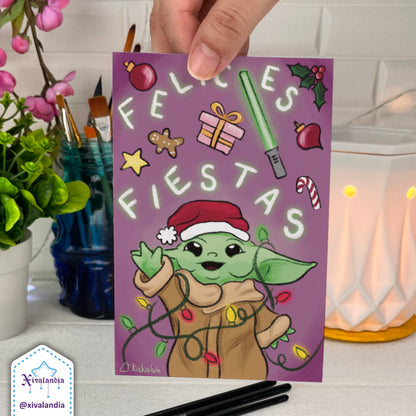 "Felices Fiestas" Baby Alien - Happy Holidays Greeting Card - 10x15cm / 4x6 in. Merry Christmas star, Illustration