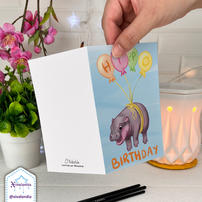 Hippo Birthday, Birthday - Greeting Card - 10x15cm / 4x6 in. Moo Deng hippo