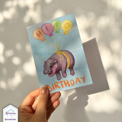 Hippo Birthday, Birthday - Greeting Card - 10x15cm / 4x6 in. Moo Deng hippo