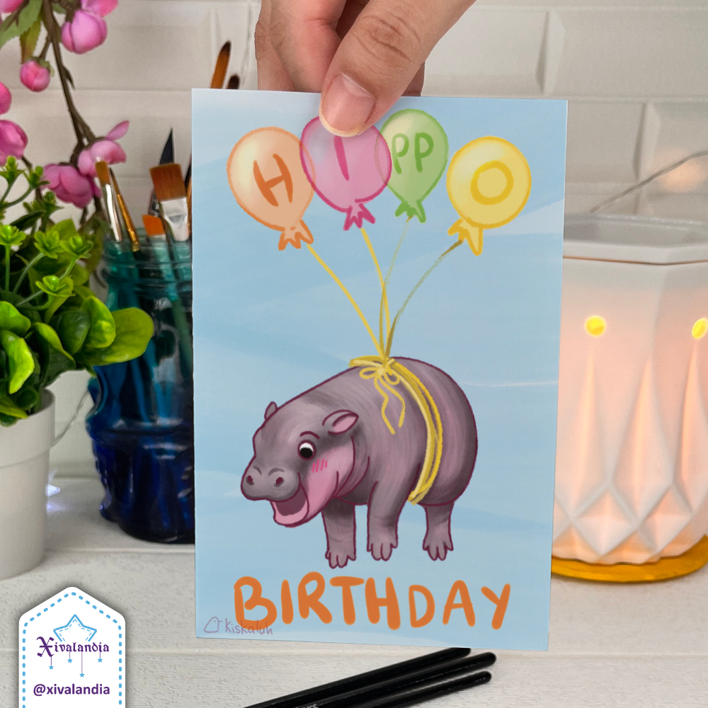 Hippo Birthday, Birthday - Greeting Card - 10x15cm / 4x6 in. Moo Deng hippo