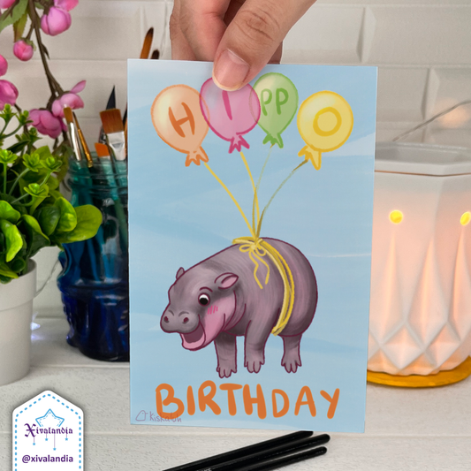 Hippo Birthday, Cumpleaños - Tarjeta de felicitación - 10x15cm / 4x6 pulg. Moo Deng hipopótamo