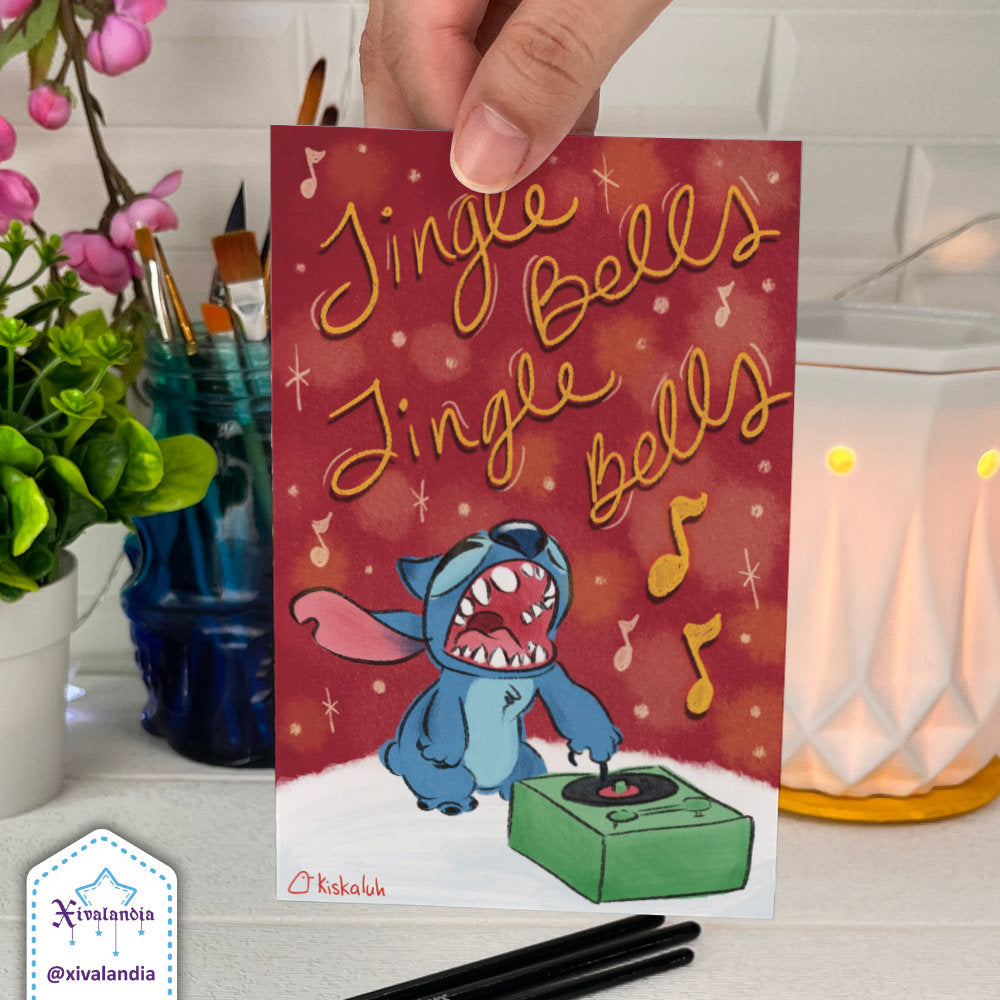 Jingle Bells Stitch - Greeting Card - 10x15cm / 4x6 in. Merry Christmas, Illustration