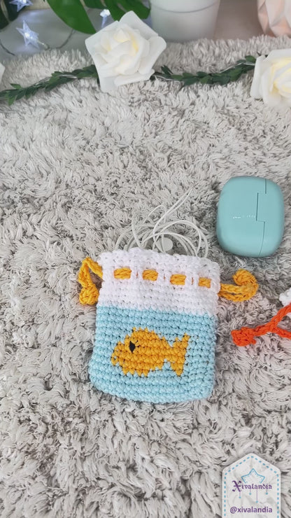 Crochet drawstring pouch, goldfish in a bag - earphones mini bag, case 3"x3.5"in/8x9cm