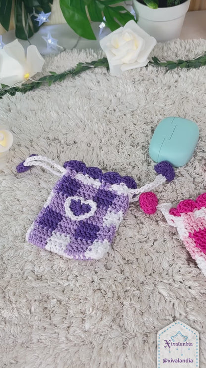 Crochet drawstring pouch,  check pattern design - earphones mini bag, case 3"x3.5"in/8x9cm